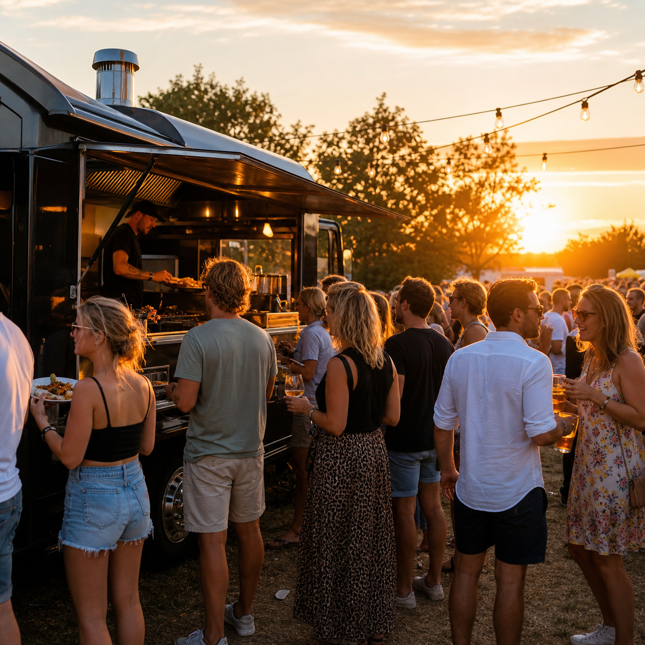 Foodtruck met festivalgasten bij zonsondergang