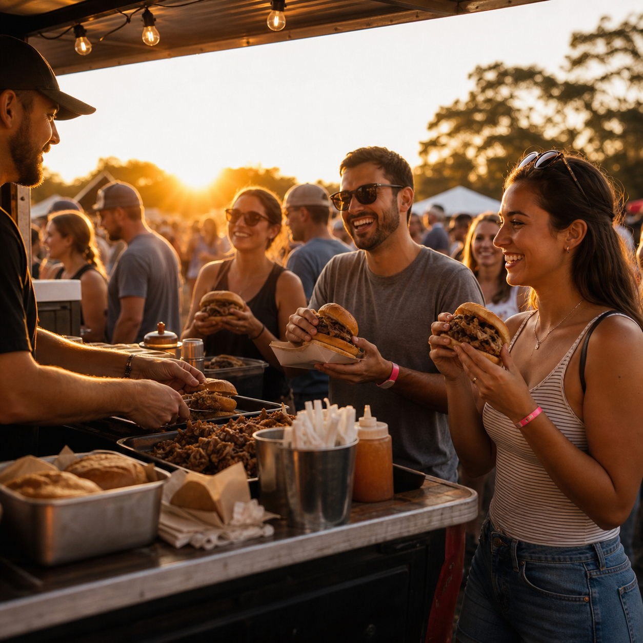 Festivalgasten genieten van barbecuebroodjes