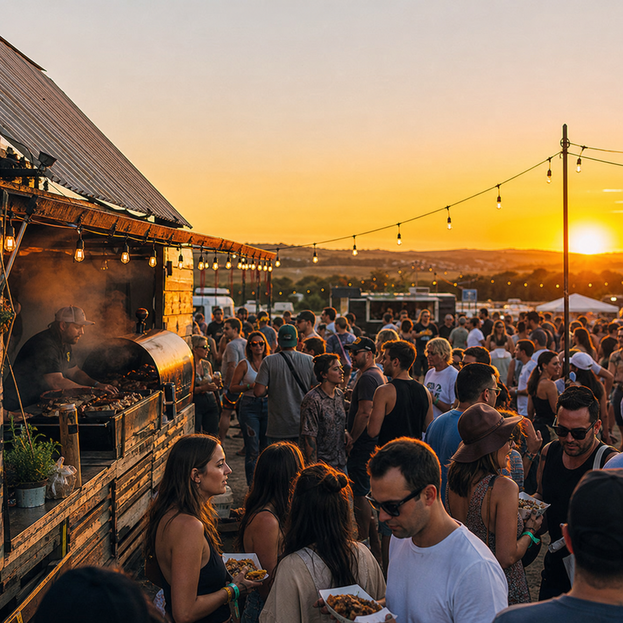 Foodstand tussen veel mensen bij ondergaande zon